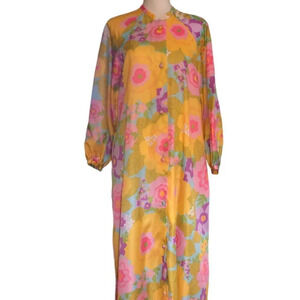 Vtg 70's Saybury Sz 16 Women's Pockets Floral Pastel Long Sleeve Button Up Robe